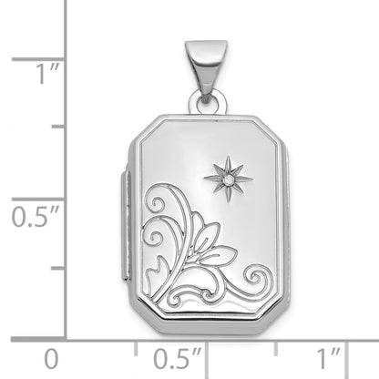 Sterlingsilber Rhodiniert Diamant Blume und Stern 20mm Rechteck Medaillon
