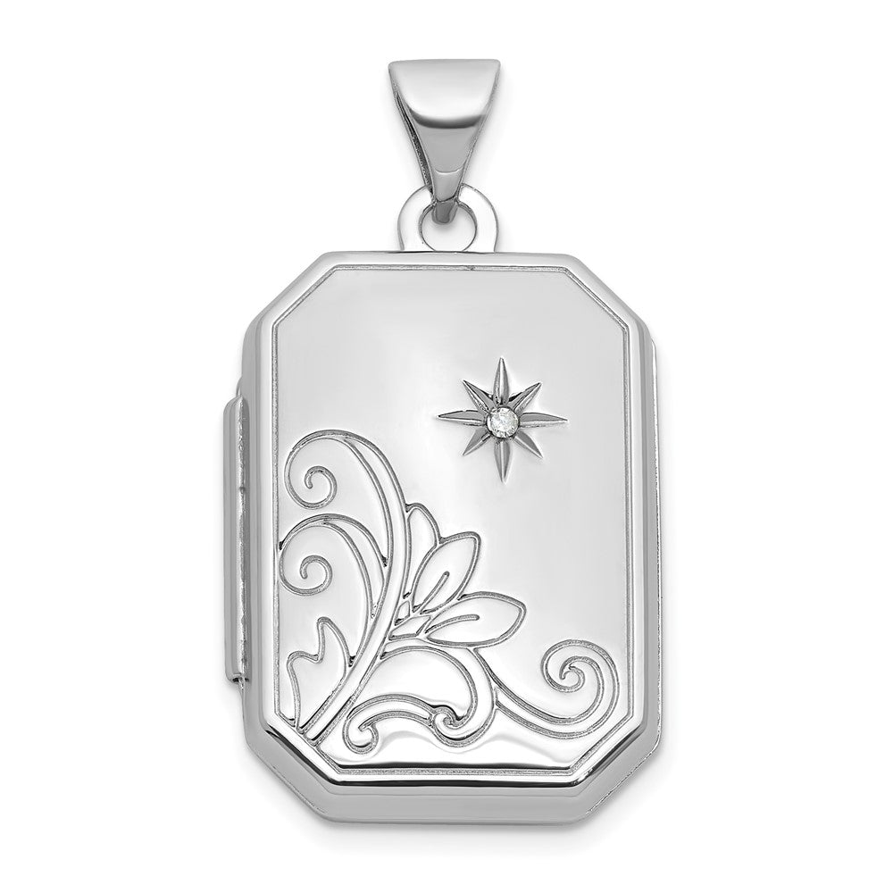 Sterlingsilber Rhodiniert Diamant Blume und Stern 20mm Rechteck Medaillon