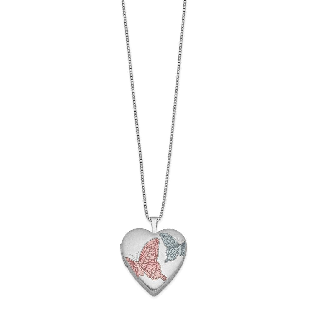 Sterlingsilber Rhodiniert 20mm Emaille Butterflies Herz Medaillon Halskette