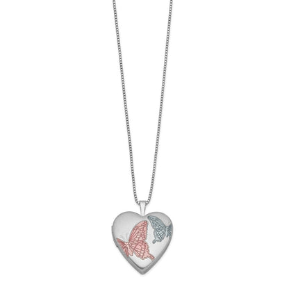 Sterlingsilber Rhodiniert 20mm Emaille Butterflies Herz Medaillon Halskette