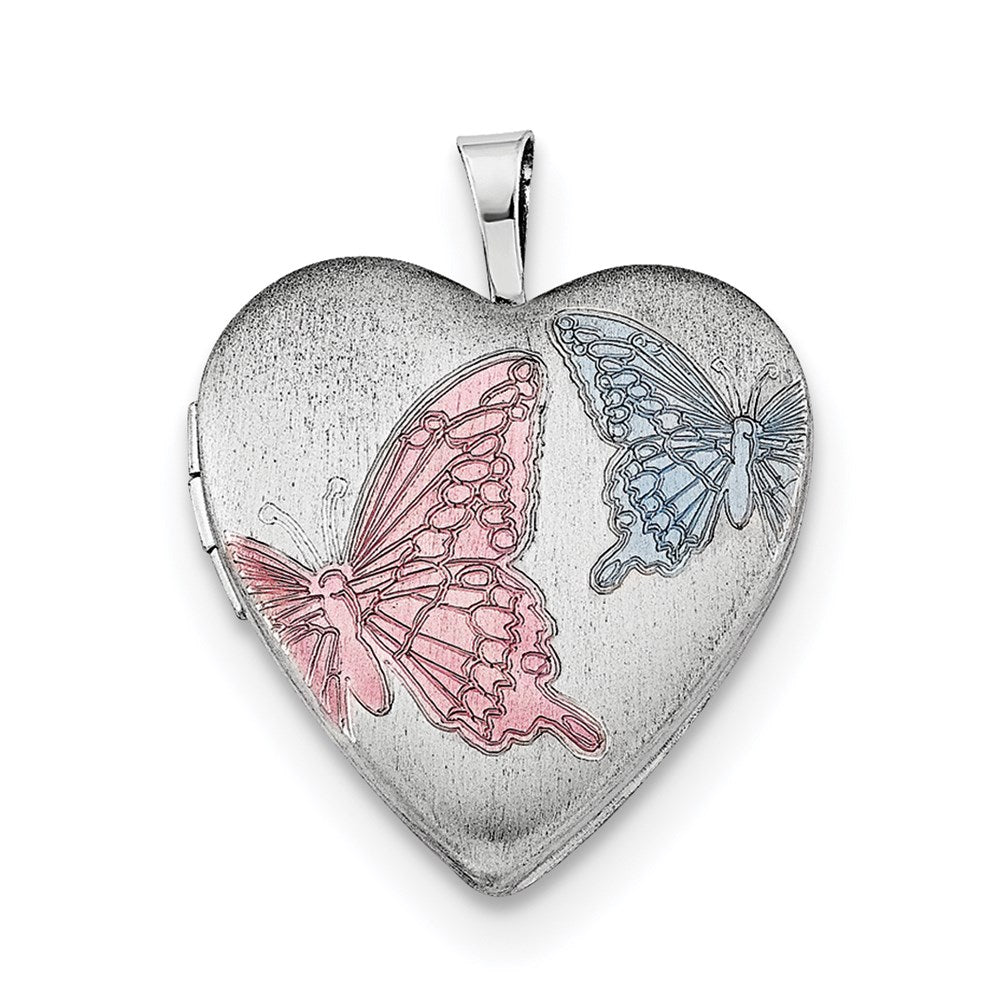Sterlingsilber Rhodiniert 20mm Emaille Butterflies Herz Medaillon Halskette