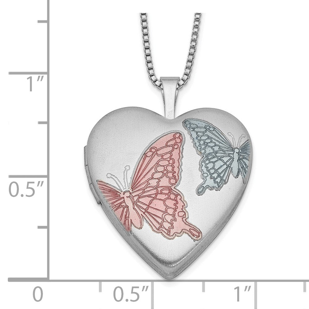Sterlingsilber Rhodiniert 20mm Emaille Butterflies Herz Medaillon Halskette