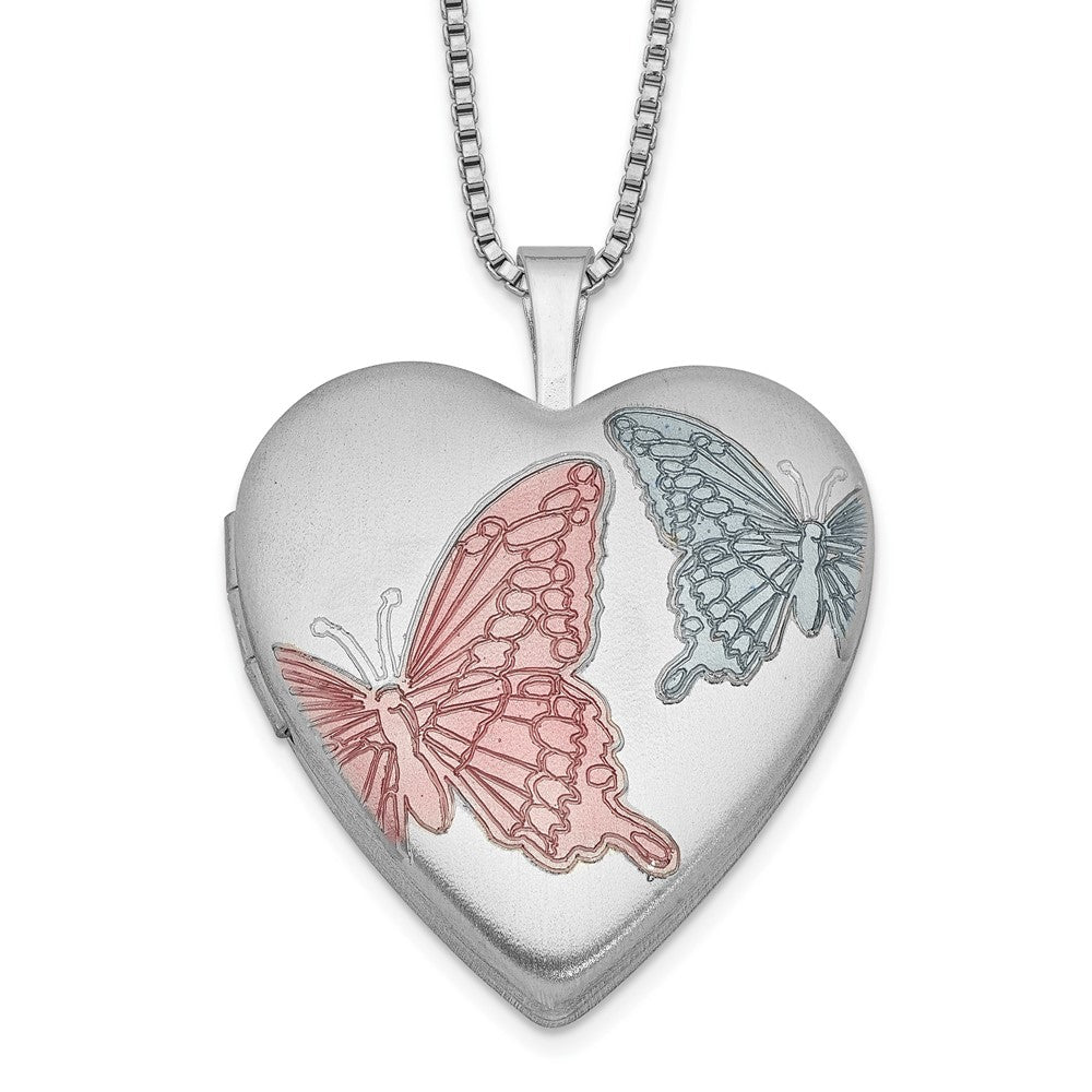 Sterlingsilber Rhodiniert 20mm Emaille Butterflies Herz Medaillon Halskette