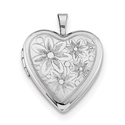 Sterlingsilber Rhodiniert 20mm mit Daisies Herz Medaillon Halskette