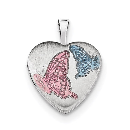 Sterlingsilber Rhodiniert 16mm Satiniert Emaille Schmetterling Herz Medaillon Halskette