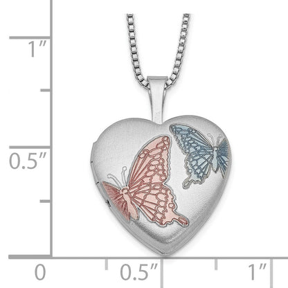Sterlingsilber Rhodiniert 16mm Satiniert Emaille Schmetterling Herz Medaillon Halskette