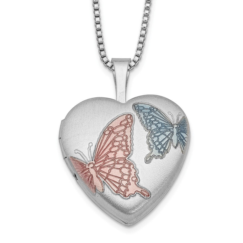 Sterlingsilber Rhodiniert 16mm Satiniert Emaille Schmetterling Herz Medaillon Halskette