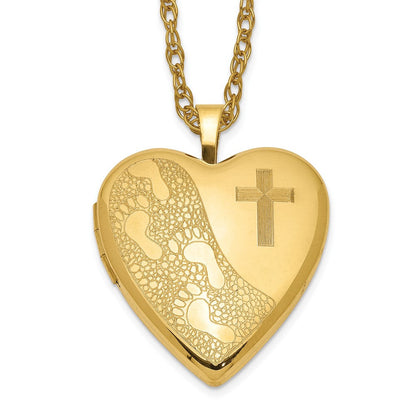Golddoublé 14/20 1/20 20mm Kreuz & Footprint Herz Medaillon Halskette