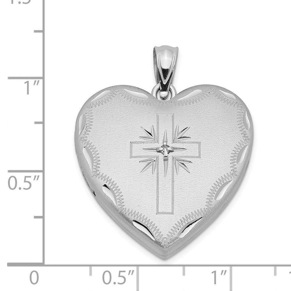 Sterlingsilber Rhodiniert 24mm Satiniert & Diamantiert mit Diamant Kreuz Herz Medaillon
