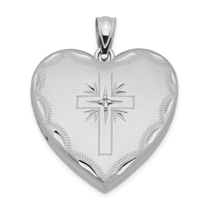 Sterlingsilber Rhodiniert 24mm Satiniert & Diamantiert mit Diamant Kreuz Herz Medaillon