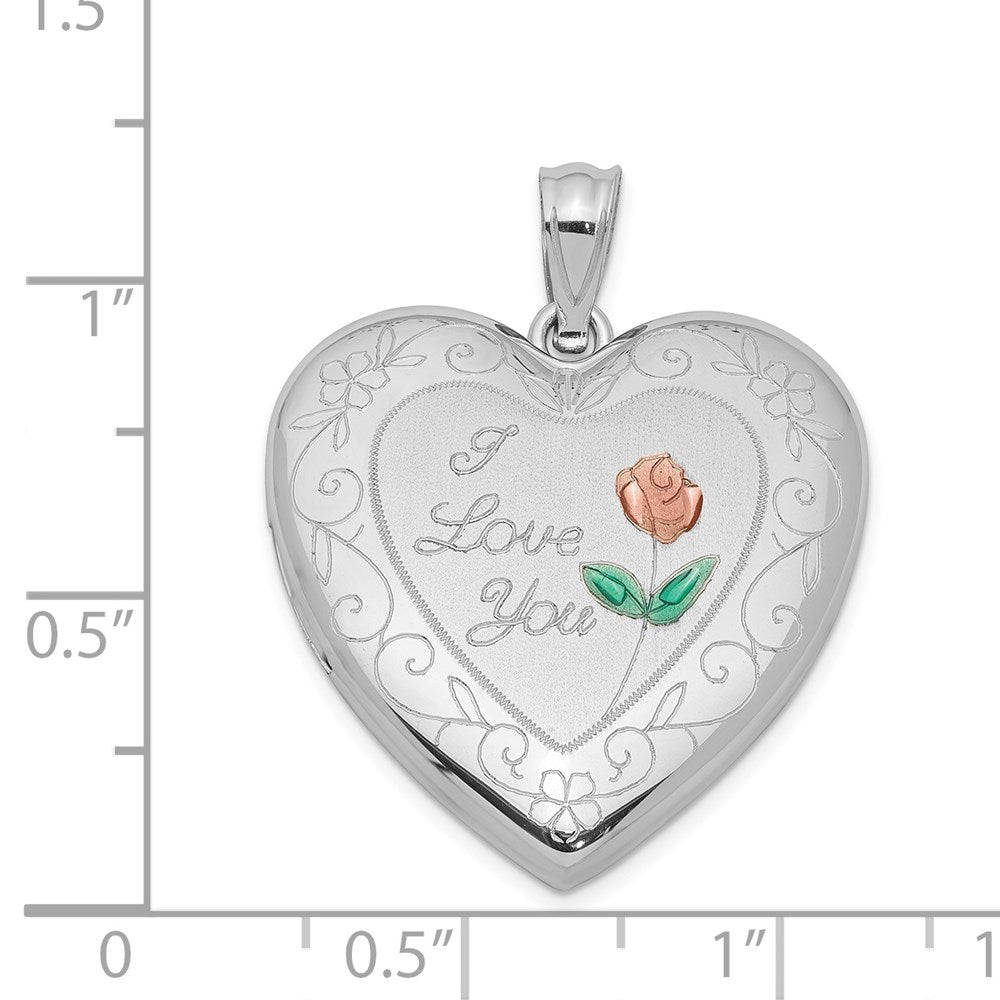 Sterlingsilber Rhodiniert 24mm Emailliert Rose mit Rand Herz Medaillon