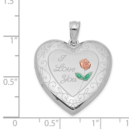 Sterlingsilber Rhodiniert 24mm Emailliert Rose mit Rand Herz Medaillon