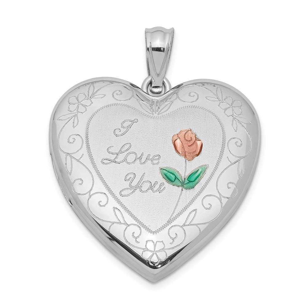 Sterlingsilber Rhodiniert 24mm Emailliert Rose mit Rand Herz Medaillon