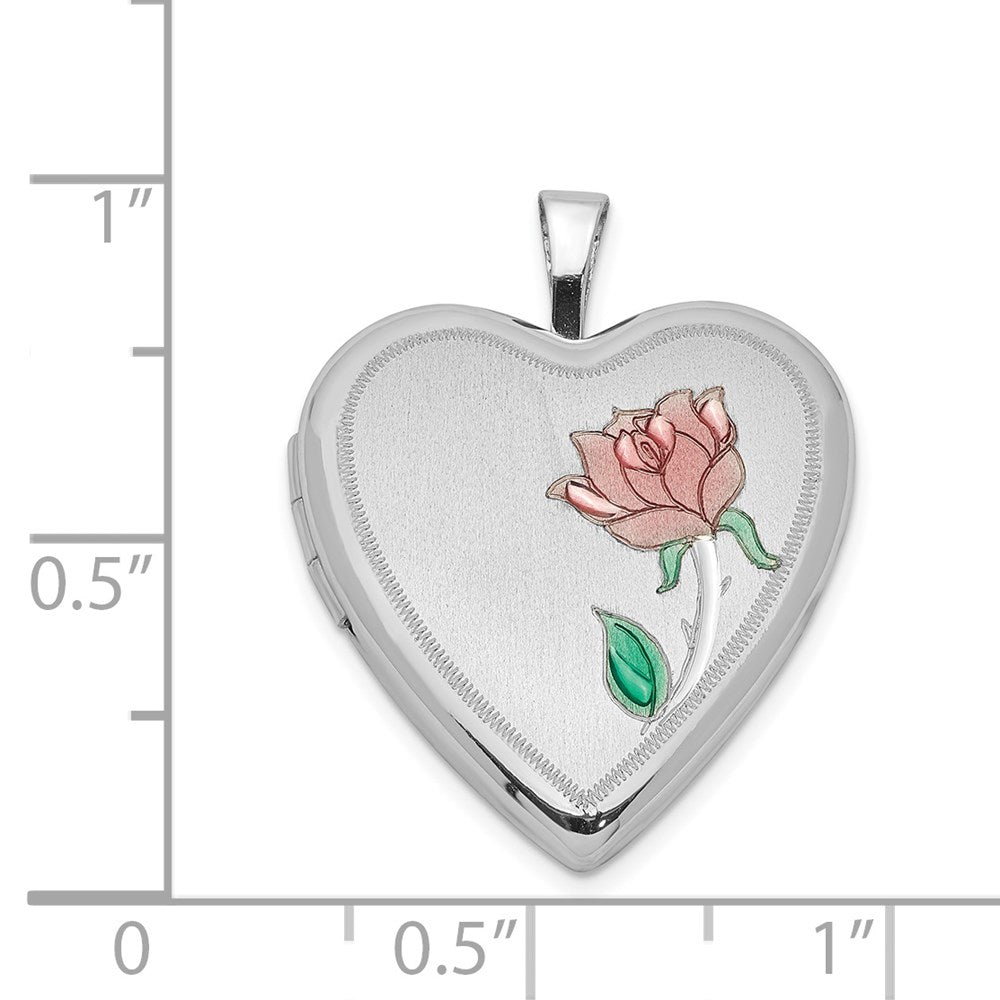 Sterlingsilber Rhodiniert Satiniert 20mm Emailliert Rose Herz Medaillon