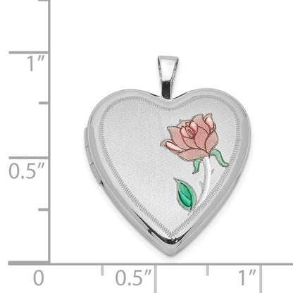 Sterlingsilber Rhodiniert Satiniert 20mm Emailliert Rose Herz Medaillon
