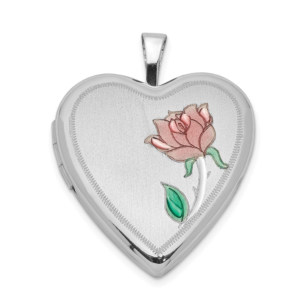 Sterlingsilber Rhodiniert Satiniert 20mm Emailliert Rose Herz Medaillon