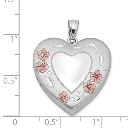 Sterlingsilber Rhodiniert 24mm Emailliert Blumen Rand Herz Medaillon