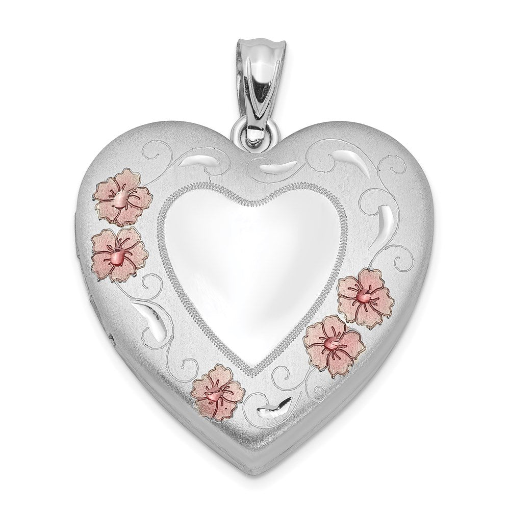 Sterlingsilber Rhodiniert 24mm Emailliert Blumen Rand Herz Medaillon