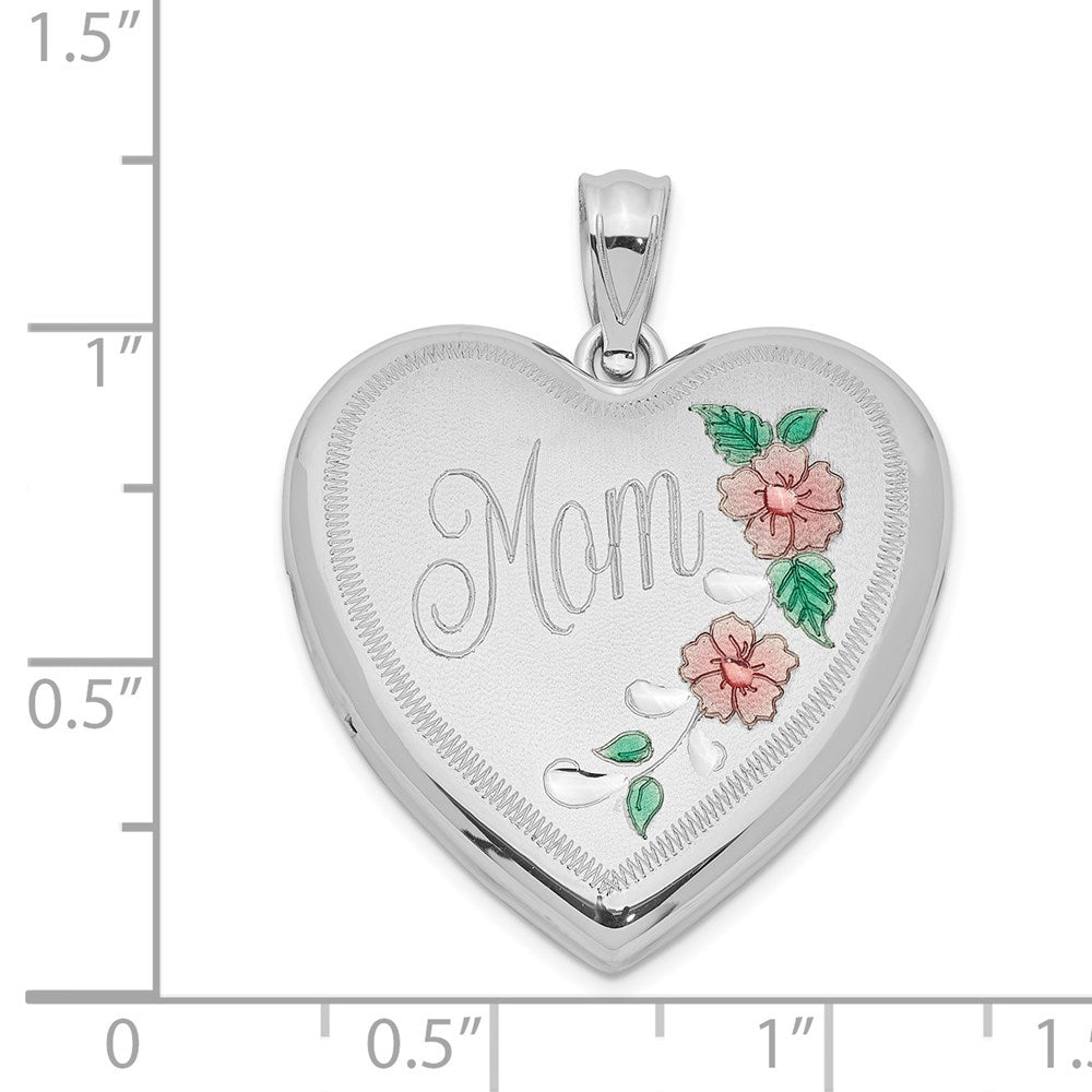 Sterlingsilber Rhodiniert 24mm Emailliert Blumen Mama Herz Medaillon