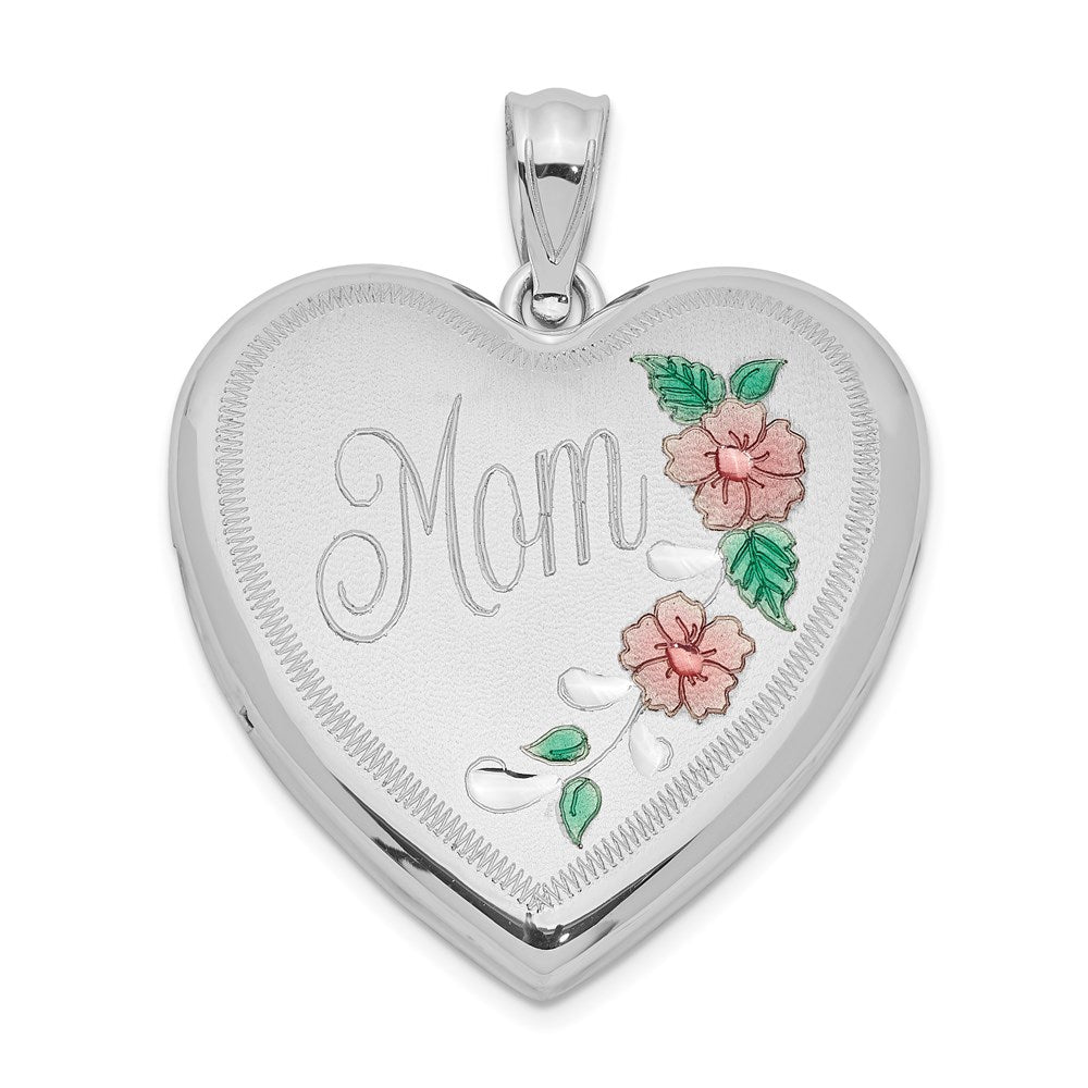 Sterlingsilber Rhodiniert 24mm Emailliert Blumen Mama Herz Medaillon