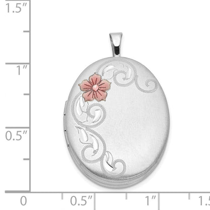 Sterlingsilber Rhodiniert 26mm Satiniert Emailliert Blume Ranke Oval Medaillon