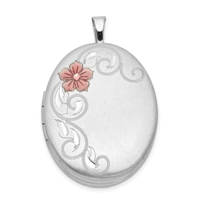 Sterlingsilber Rhodiniert 26mm Satiniert Emailliert Blume Ranke Oval Medaillon