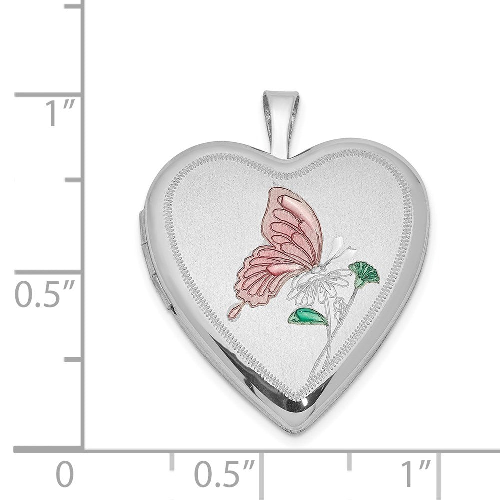 Sterlingsilber Rhodiniert 20mm Emailliert Schmetterling Herz Medaillon