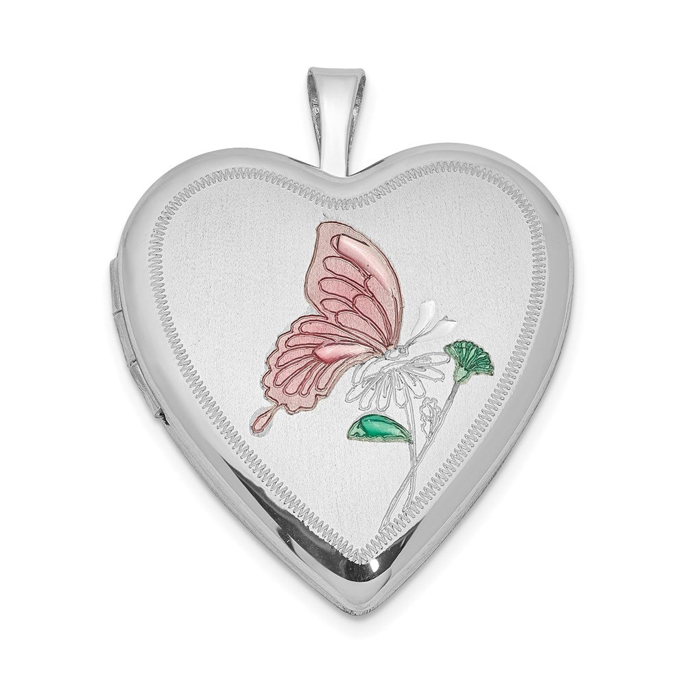 Sterlingsilber Rhodiniert 20mm Emailliert Schmetterling Herz Medaillon