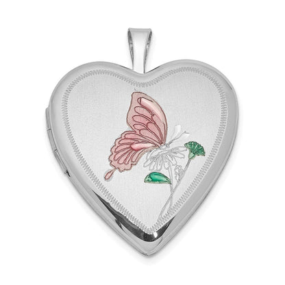 Sterlingsilber Rhodiniert 20mm Emailliert Schmetterling Herz Medaillon