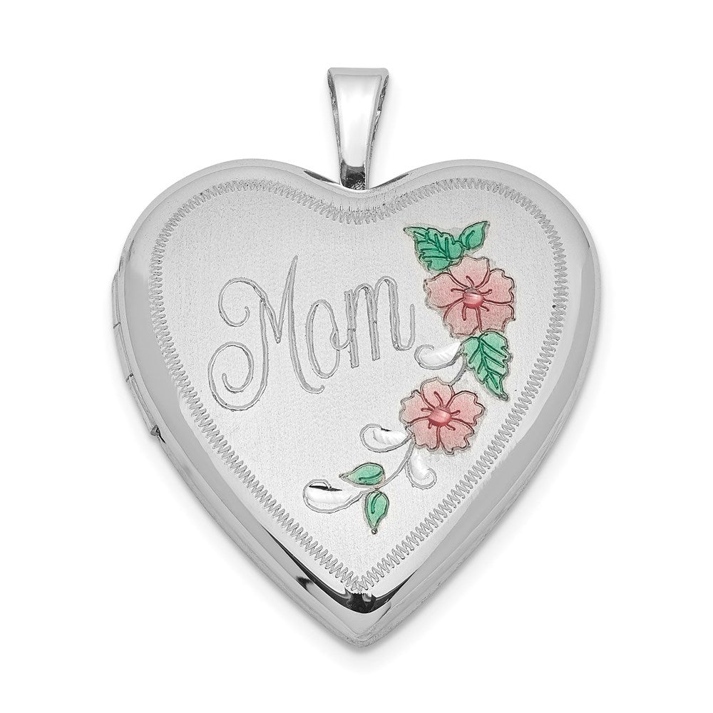 Sterlingsilber Rhodiniert 20mm Emailliert Blumen Mama Herz Medaillon