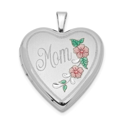 Sterlingsilber Rhodiniert 20mm Emailliert Blumen Mama Herz Medaillon