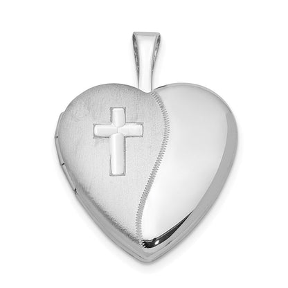 Sterlingsilber Rhodiniert 16mm Poliert & Satiniert Kreuz Herz Medaillon