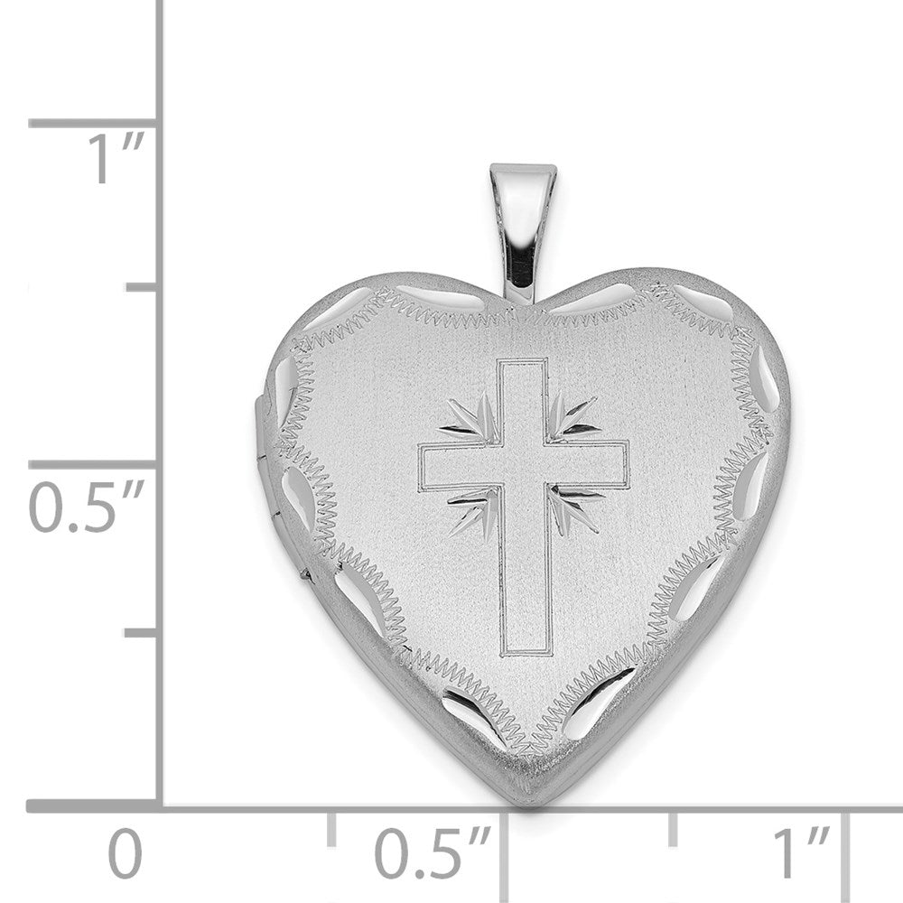 Sterlingsilber Rhodiniert 20mm Satiniert & Diamantiert Kreuz Herz Medaillon