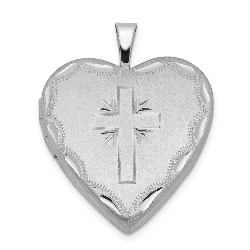 Sterlingsilber Rhodiniert 20mm Satiniert & Diamantiert Kreuz Herz Medaillon