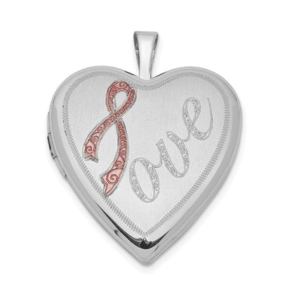 Sterlingsilber Rhodiniert 20mm Satiniert Rosa Schleife Liebe Herz Medaillon