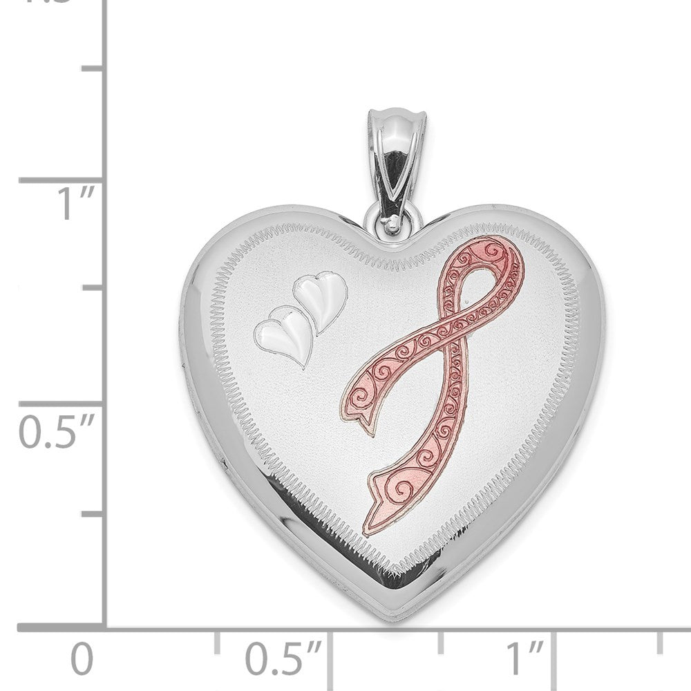 Sterlingsilber Rhodiniert 24mm Emailliert Diamantiert Rosa Schleife Herz Medaillon