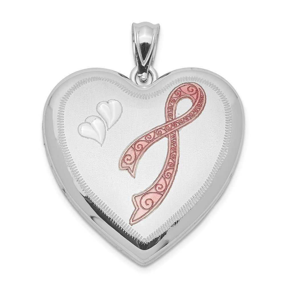 Sterlingsilber Rhodiniert 24mm Emailliert Diamantiert Rosa Schleife Herz Medaillon