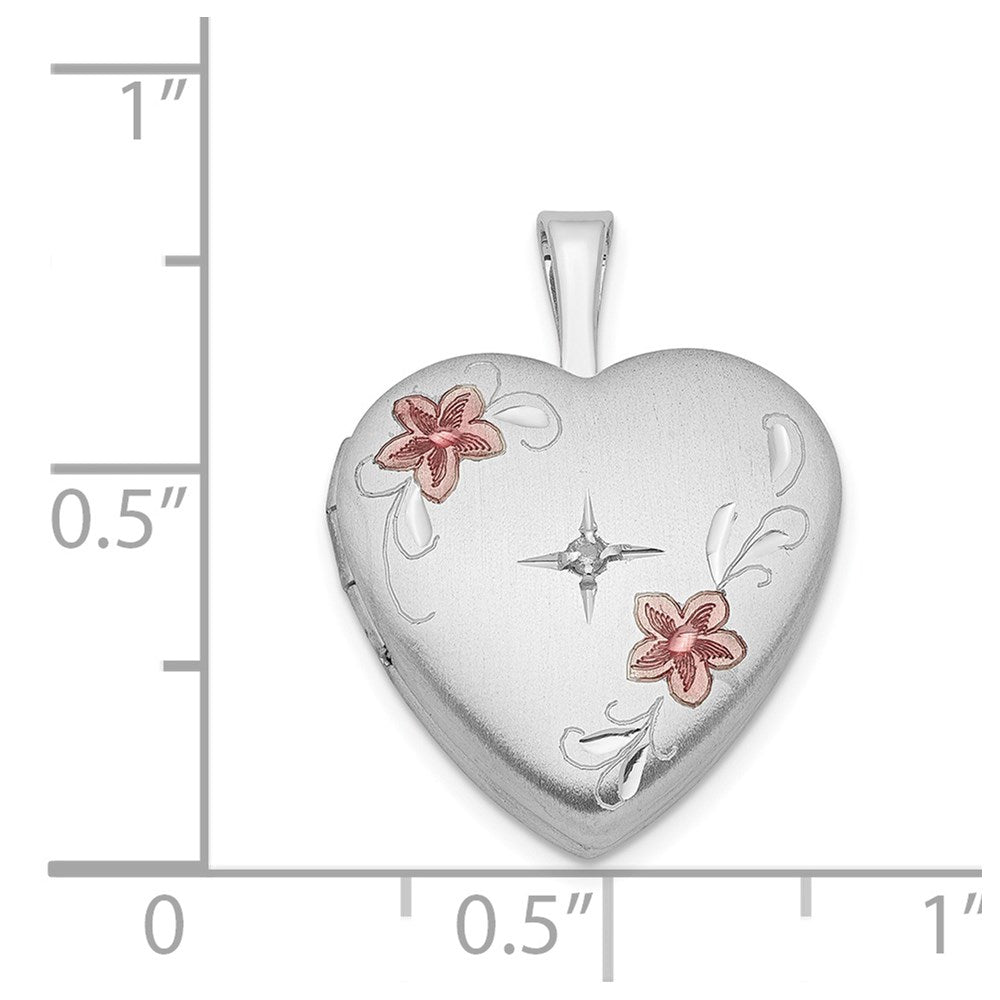 Rhodiniertes Sterlingsilber Diamant-Anhänger Herz mattiert emailliert diamantiert 16 mm