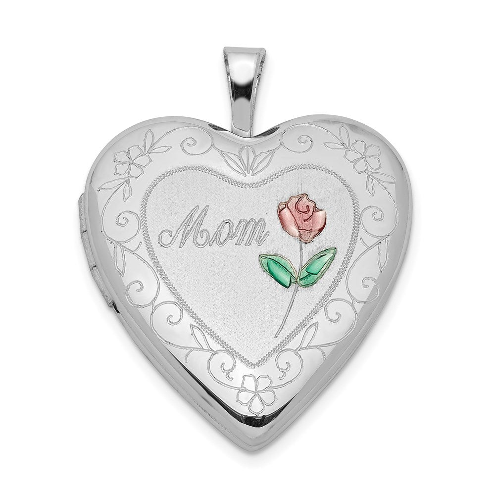 Sterlingsilber Rhodiniert 20mm Diamantiert & Emailliert Mama Rose Herz Medaillon