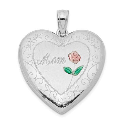 Sterlingsilber Rhodiniert 24mm Emailliert Diamantiert Mama Herz Medaillon