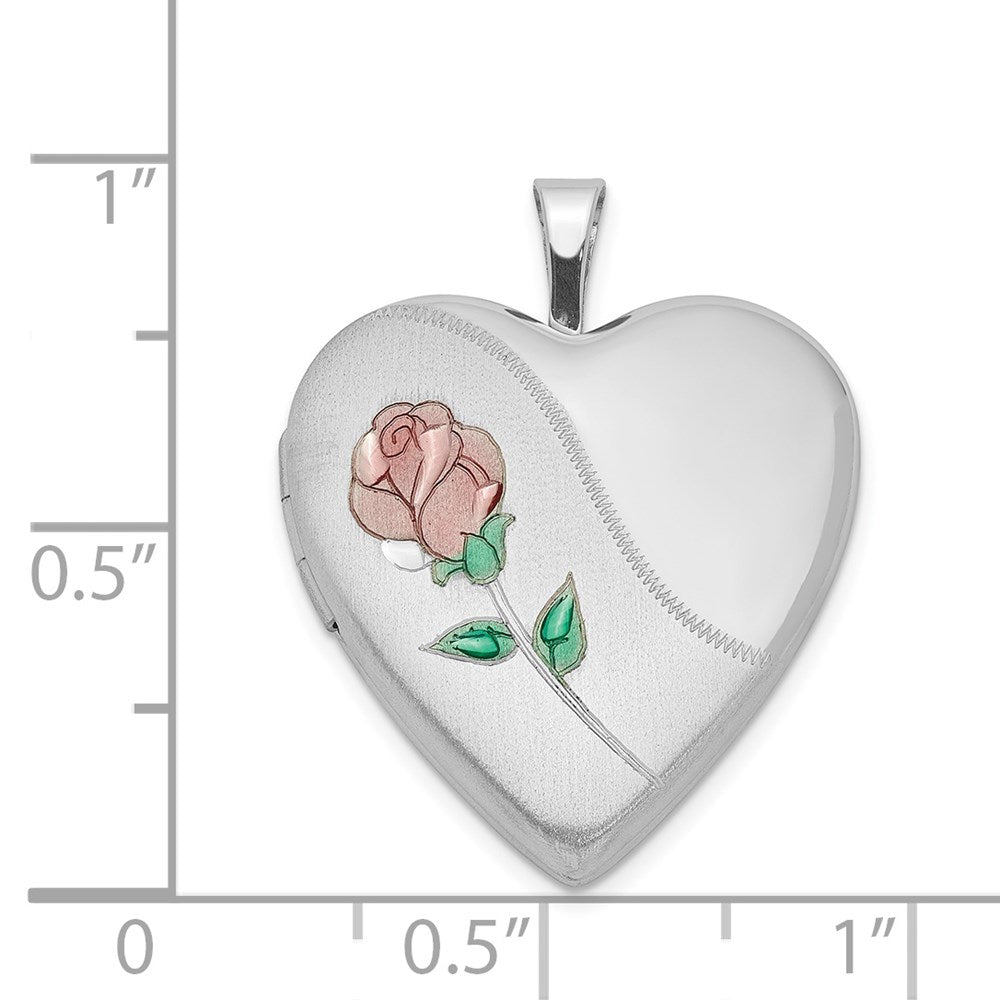 Sterlingsilber Rhodiniert 20mm Satiniert, Emaille, Diamantiert Blumen Herz Medaillon