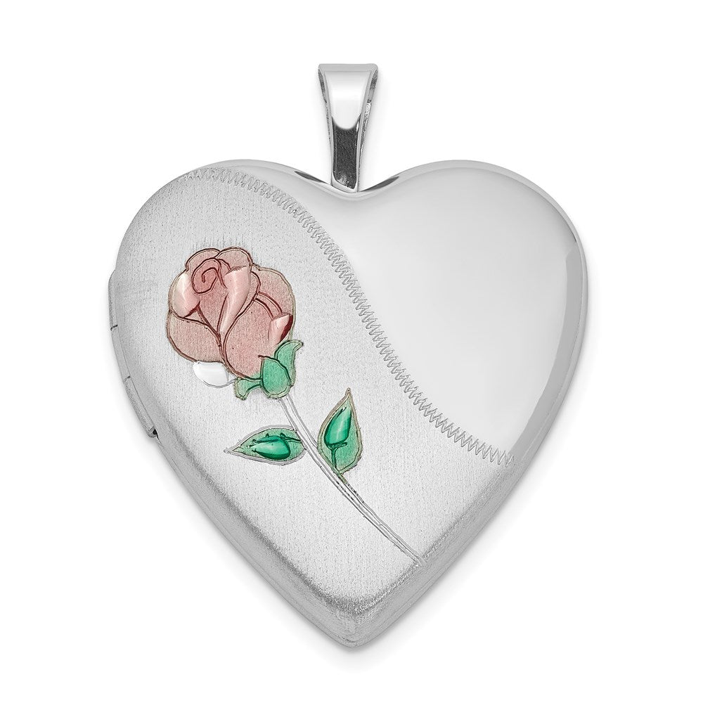 Sterlingsilber Rhodiniert 20mm Satiniert, Emaille, Diamantiert Blumen Herz Medaillon