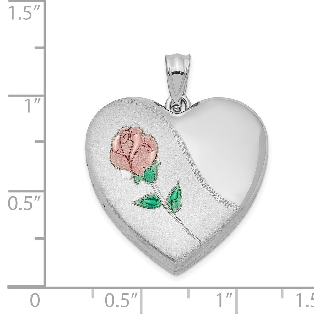 Sterlingsilber Rhodiniert 24mm Satiniert Emailliert & Diamantiert Rose Medaillon