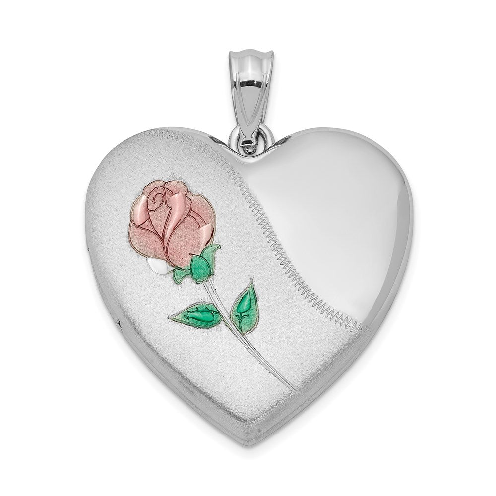 Sterlingsilber Rhodiniert 24mm Satiniert Emailliert & Diamantiert Rose Medaillon