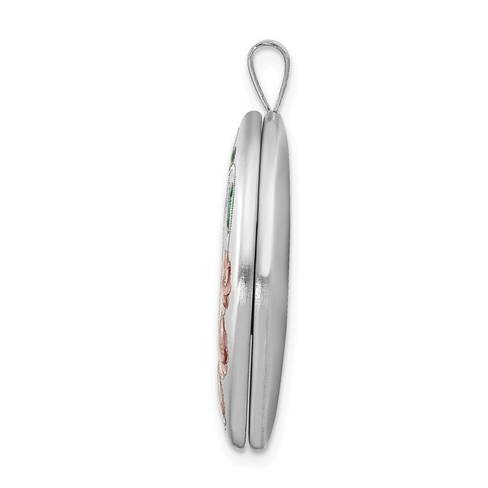 Sterlingsilber Rhodiniert Satiniert Emaille & Diamantiert Blumen Herz Oval Medaillon