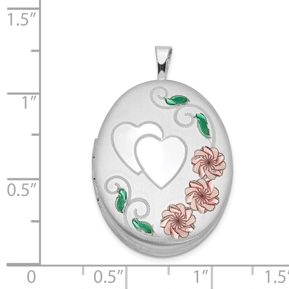 Sterlingsilber Rhodiniert Satiniert Emaille & Diamantiert Blumen Herz Oval Medaillon