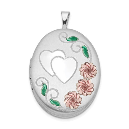 Sterlingsilber Rhodiniert Satiniert Emaille & Diamantiert Blumen Herz Oval Medaillon