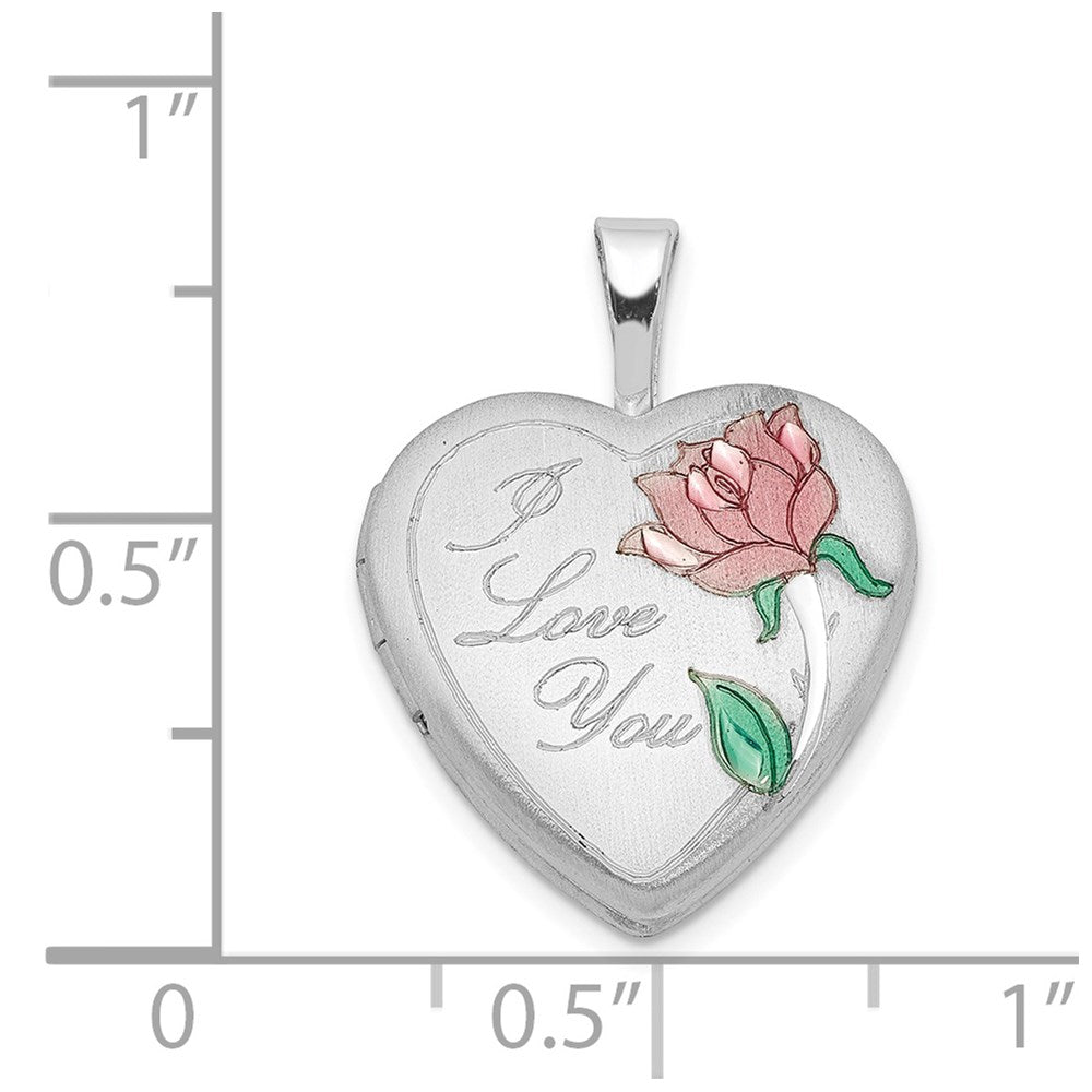 Sterlingsilber Rhodiniert Satiniert & Emailliert I Liebe You Rose Herz Medaillon
