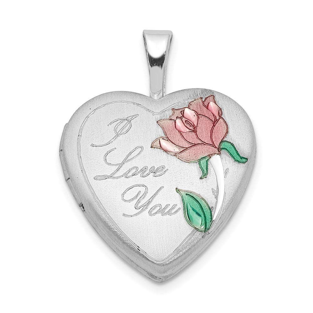 Sterlingsilber Rhodiniert Satiniert & Emailliert I Liebe You Rose Herz Medaillon