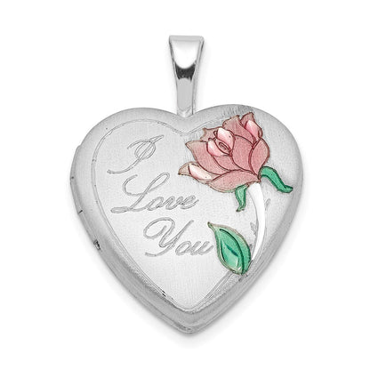 Sterlingsilber Rhodiniert Satiniert & Emailliert I Liebe You Rose Herz Medaillon